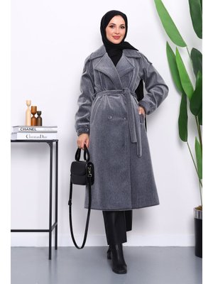Füme Kruvaze Yaka Kuşaklı Angora Kaban Füme Kruvaze Yaka Kuşaklı Angora Kaban