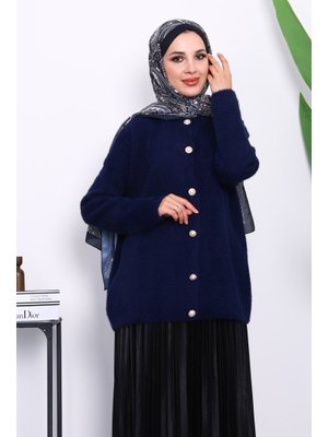 Lacivert Bisiklet Yaka Angora Yumoş Hırka