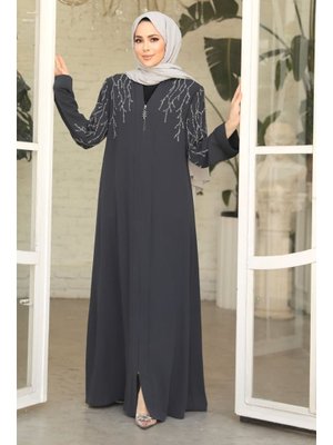 Boncuk İşlemeli Füme Abaya 29110fu