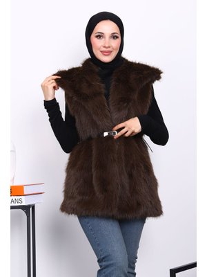 Kahverengi Astarlı Kemerli Kürk Yelek