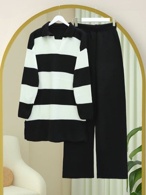 Siyah V Yaka Pantolonlu Triko Takım