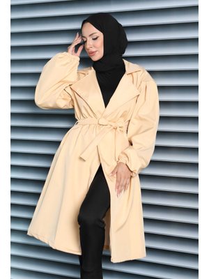 Bej Kuşaklı Kolu Lastikli Miranda Trençkot