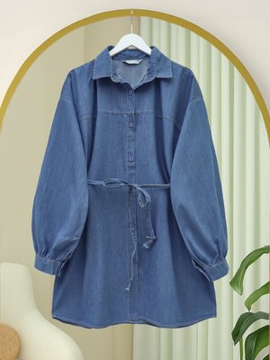 İndigo Düğmeli Beli Bağcıklı Kot Gömlek