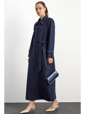 Lacivert Gömlek Yaka İşleme Detaylı Süet Görünümlü Büyük Beden Pardesü