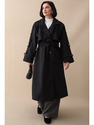 Apoletli Kuşaklı Oversize Siyah Kaşe Kaban