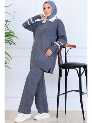 Antrasit Taş İşlemeli Triko Takım