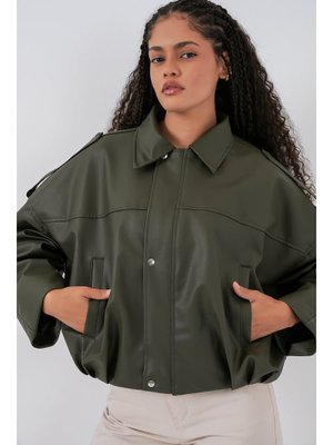 Haki Oversize Deri Ceket