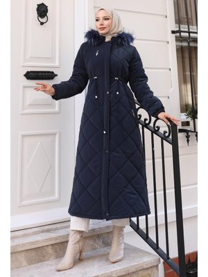 Lacivert Fermuarlı Kapüşonlu Kapitone Mont
