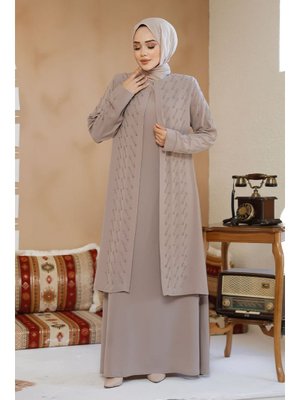 Boncuk İşlemeli Bej Abaya 29120bej