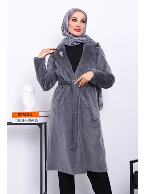 Füme Kruvaze Yaka Cepli Angora Kaşe Kaban