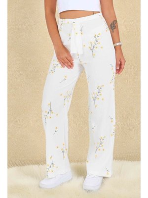 Beyaz Desenli Beli Lastikli Bürümcük Pantolon