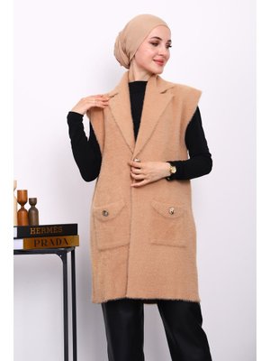 Bisküvi Cepli Uzun Angora Yumoş Yelek