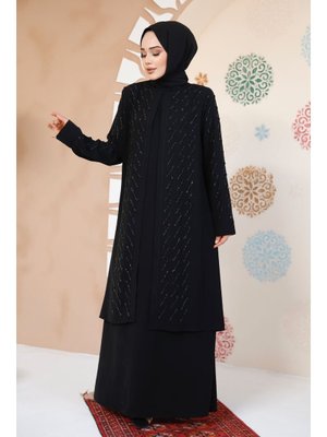 Boncuk İşlemeli Siyah Abaya 29120s
