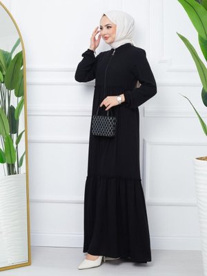 Siyah Parçalı Kolu Lastikli Boydan Fermuarlı Ferace