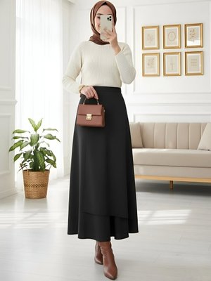 Siyah Önü Çapraz Çift Katlı Scuba Etek Siyah Önü Çapraz Çift Katlı Scuba Etek