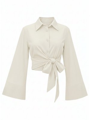 Ekru Yan Bağlamalı İspanyol Kol Düğmeli Gömlek