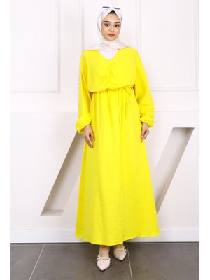 Sarı Önü Büzgülü Müslin Elbise Sarı Önü Büzgülü Müslin Elbise