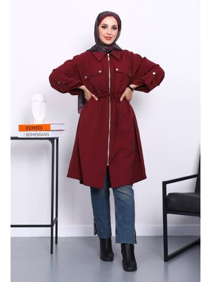 Bordo Bel Kuşaklı Çift Cepli Gabria Kap