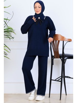 Lacivert Yakası Kurdele Detay Triko Takım