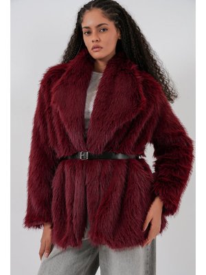 Bordo Kemerli Oversize Kürklü Kaban