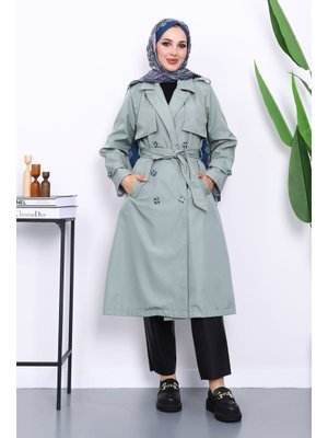 Çağla Kravuze Yaka Bel Kemerli Düğmeli Trençkot Çağla Kravuze Yaka Bel Kemerli Düğmeli Trençkot