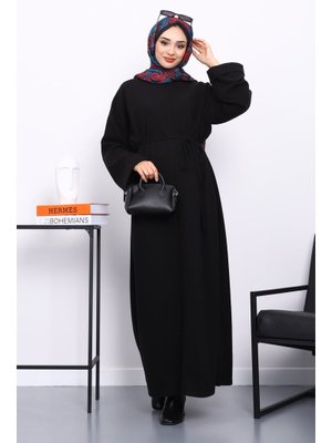 Siyah Önü Dikişli Oversize Dokulu Elbise