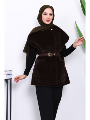 Koyu Kahve Cepli Kemerli Kaşe Yelek