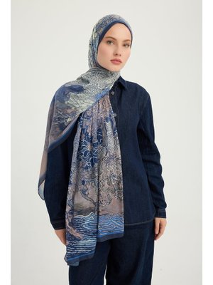 70x190 Cm Sessiz Mevsimler Lacivert Efilia Desenli Şal