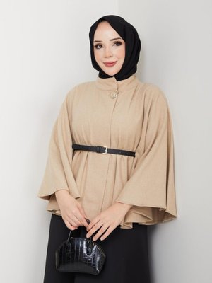 Kaşe Sarı Dügmeli Deri Kemerli Panço