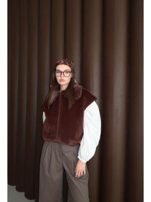 Kısa Kürk Yelek Koyu Kahve