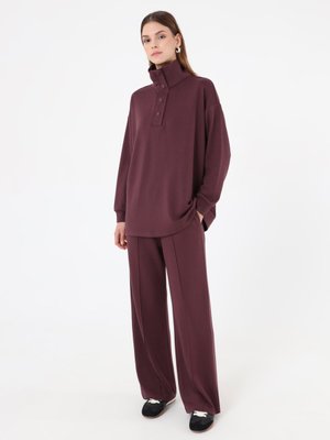 Mürdüm Yumuşak Kumaşlı Çıtçıt Detaylı Tunik & Pantolon Takım