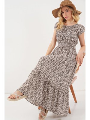 Kahverengi Yakası Büzgü Detaylı Elbise