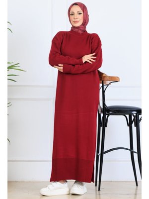 Bordo Yırtmaç Detaylı Triko Elbise