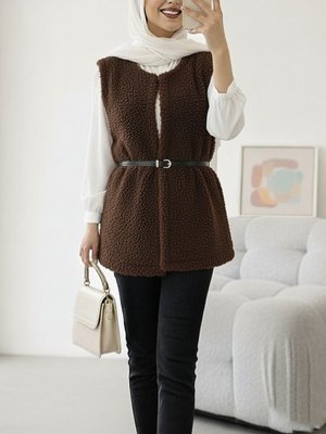 Kahve Beli Kemerli Çift Cepli Astarlı Peluş Yelek