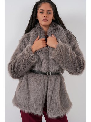Füme Kemerli Oversize Kürklü Kaban