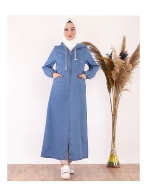 Cepli Fermuarlı Kapüşonlu Denim Kot Kap Cepli Fermuarlı Kapüşonlu Denim Kot Kap