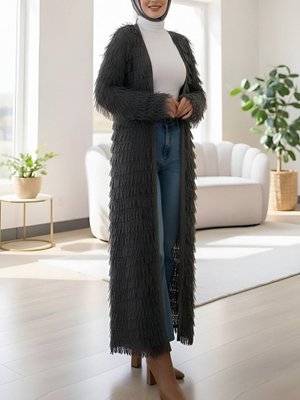 Antrasit Saçaklı Uzun Triko Hırka