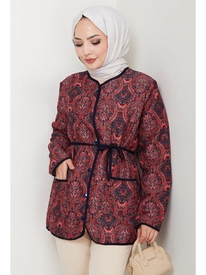Bordo Desenli Düğmeli Kapitone Ceket