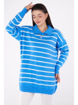 Mavi Mavı Çizgili Kolyeli Triko Tunik