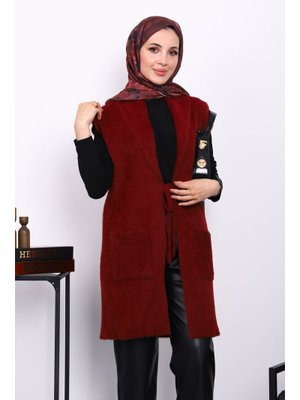 Bordo Ön Bağlamalı Cepli Angora Yumoş Yelek