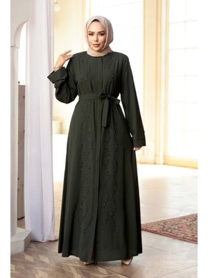 Boncuk İşlemeli Haki Abaya 29117hk
