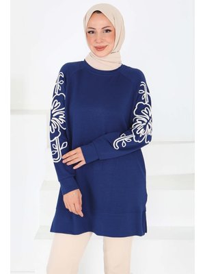 Lacivert Kolları Nakış Detaylı Modal Tunik