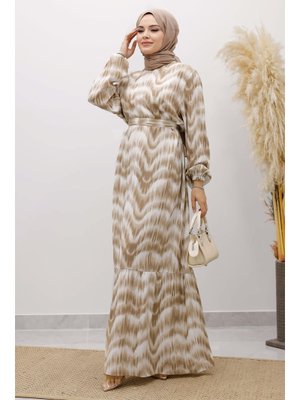 Vizon Eteği Volanlı Sulu Boya Desenli Viskon Elbise