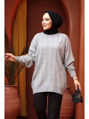 Çizgi Detaylı Gri Triko Kazak Tunik 30661gr