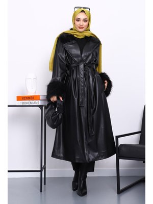 Siyah Kol Yaka Kürklü Deri Trençkot