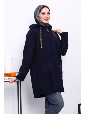 Lacivert Kapüşonlu Cepli Buklet Kaban