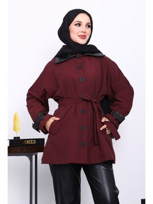 Mürdüm Deri Detaylı Kuşaklı Trençkot