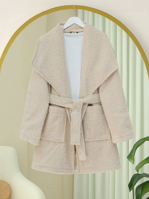 Bej Geniş Yakalı Beli Kemerli Cepli Kaşe Kaban