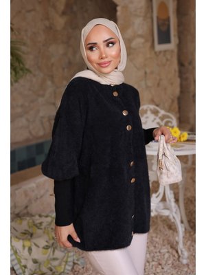 Siyah Dik Yaka Angora Yumoş Hırka