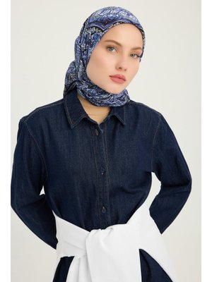 90x90 Cm Ebedi Saraylar Lacivert Vierra Desenli Viskon Eşarp